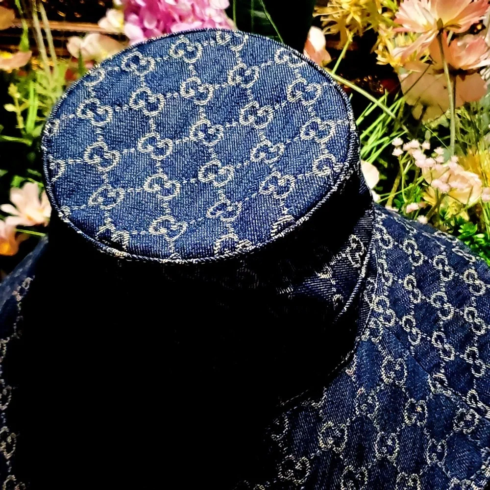 Gucci GG Denim Monogram Bucket Hat Wide Large Brim Navy Blue Sun Coverage - Picture 12 of 15